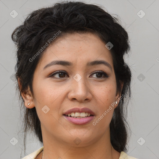 Joyful asian young-adult female with medium  brown hair and brown eyes