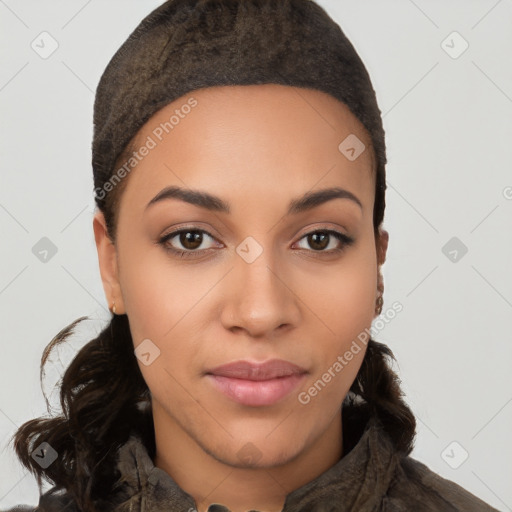 Joyful latino young-adult female with short  brown hair and brown eyes