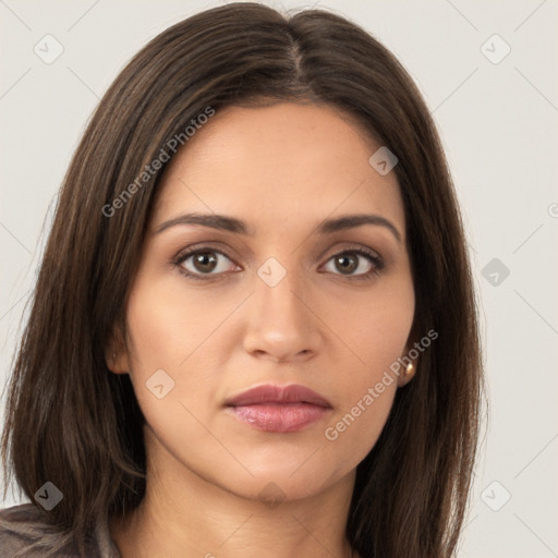 Neutral white young-adult female with long  brown hair and brown eyes