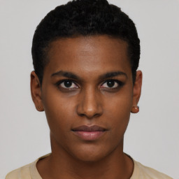 Neutral black young-adult male with short  black hair and brown eyes