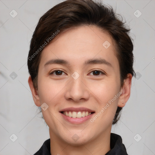 Joyful white young-adult female with medium  brown hair and brown eyes