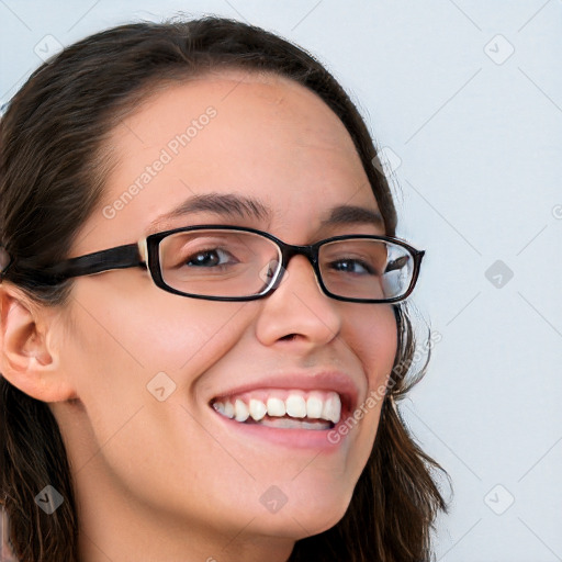 Joyful white young-adult female with long  brown hair and blue eyes