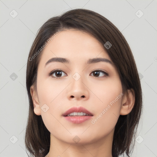 Neutral asian young-adult female with medium  brown hair and brown eyes