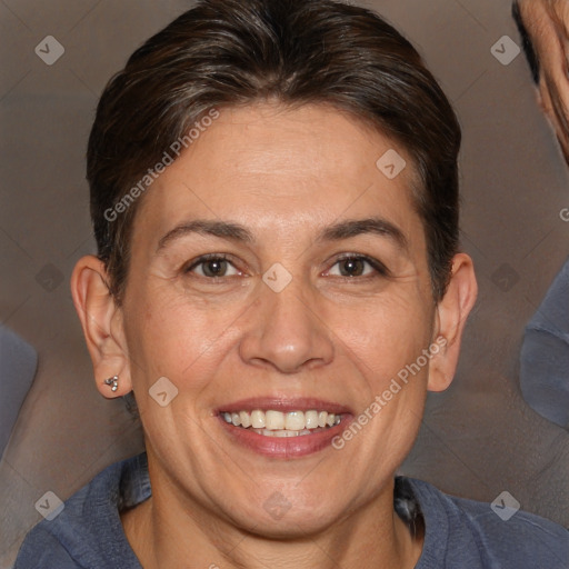 Joyful white adult female with short  brown hair and brown eyes