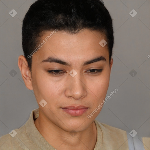 Joyful latino young-adult female with short  brown hair and brown eyes