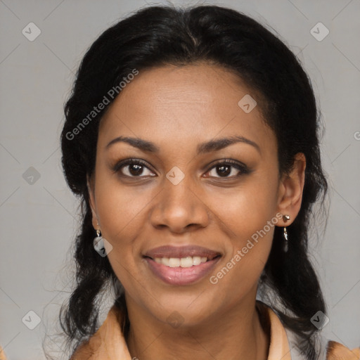 Joyful black young-adult female with medium  black hair and brown eyes