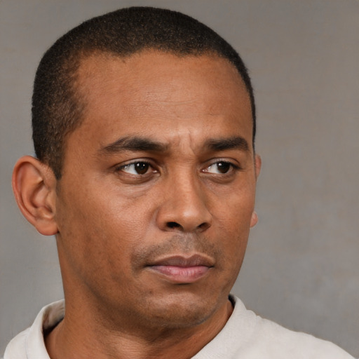 Neutral latino adult male with short  brown hair and brown eyes