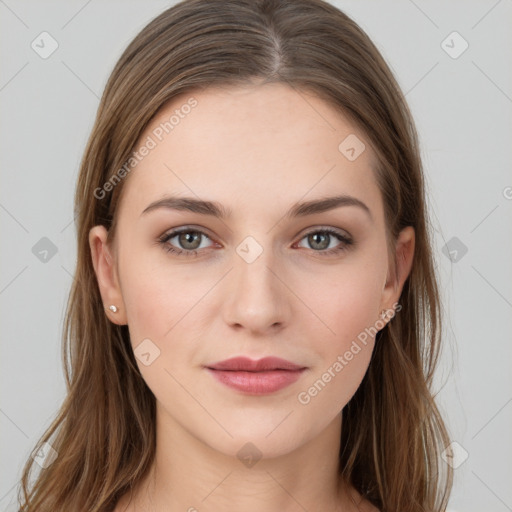 Neutral white young-adult female with long  brown hair and grey eyes