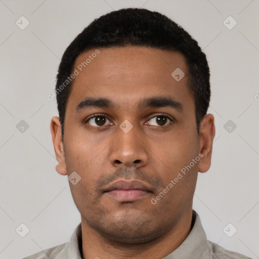 Neutral latino young-adult male with short  black hair and brown eyes