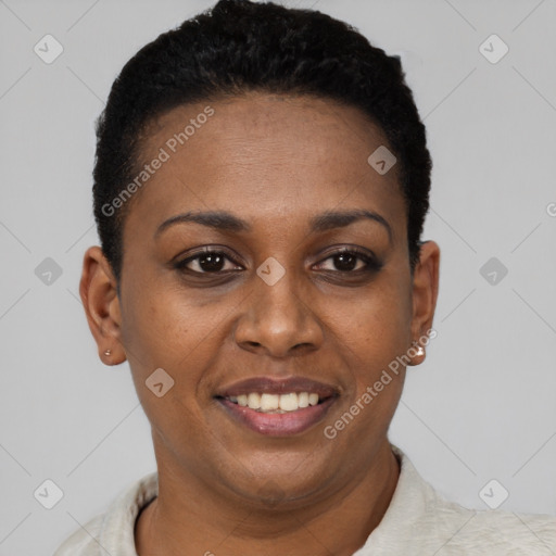 Joyful black young-adult female with short  black hair and brown eyes