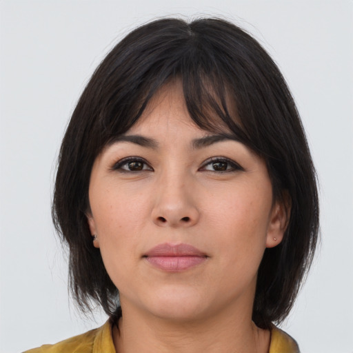 Neutral asian young-adult female with medium  brown hair and brown eyes