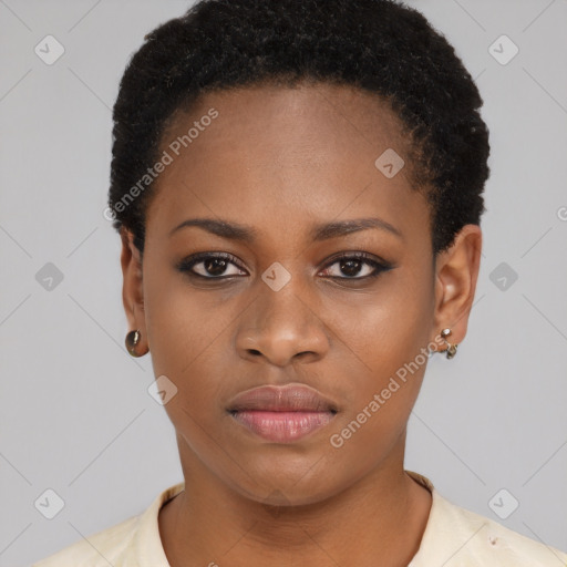 Neutral black young-adult female with short  black hair and brown eyes