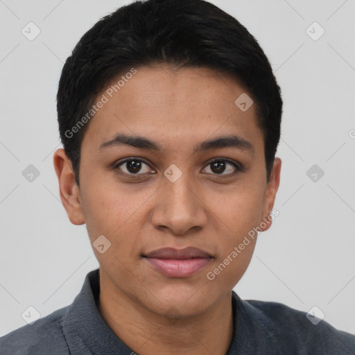 Joyful latino young-adult female with short  brown hair and brown eyes