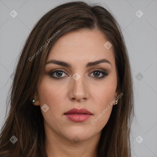 Neutral white young-adult female with long  brown hair and brown eyes