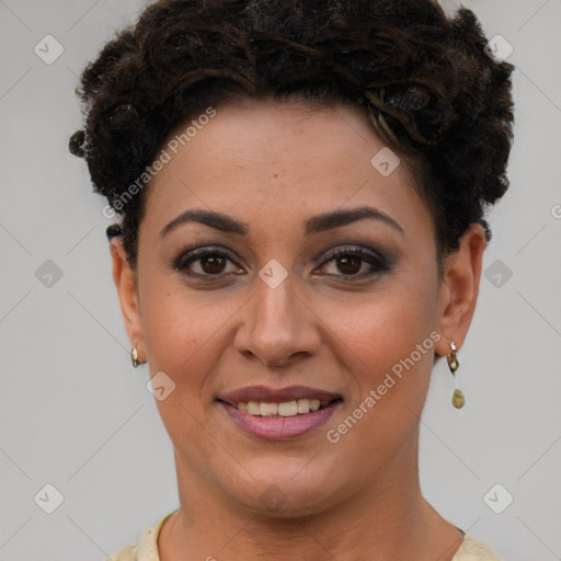 Joyful latino young-adult female with short  brown hair and brown eyes