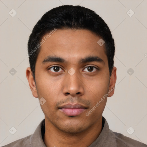 Neutral latino young-adult male with short  black hair and brown eyes