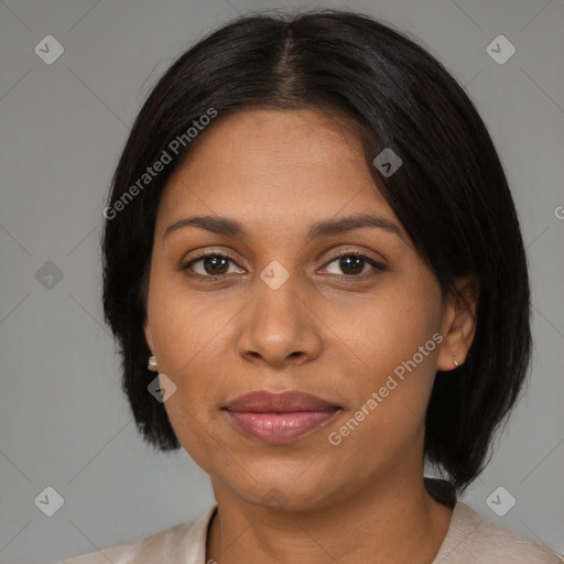 Joyful latino young-adult female with medium  black hair and brown eyes