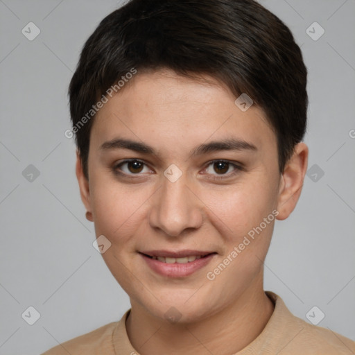 Joyful white young-adult female with short  brown hair and brown eyes