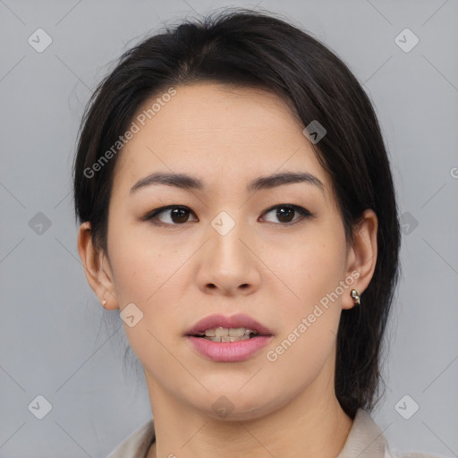 Neutral asian young-adult female with medium  brown hair and brown eyes