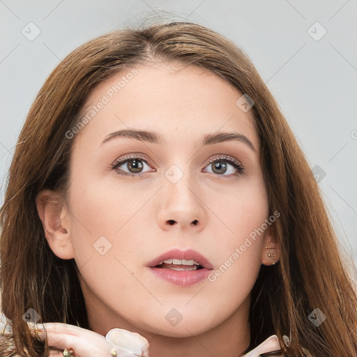 Neutral white young-adult female with long  brown hair and brown eyes