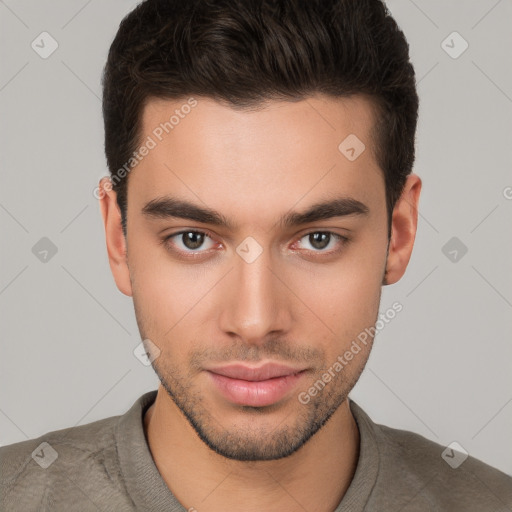 Neutral white young-adult male with short  brown hair and brown eyes