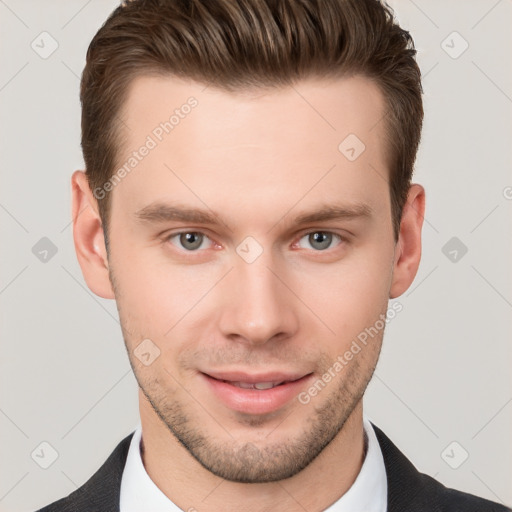 Neutral white young-adult male with short  brown hair and grey eyes