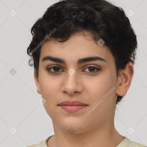 Joyful white young-adult female with short  brown hair and brown eyes