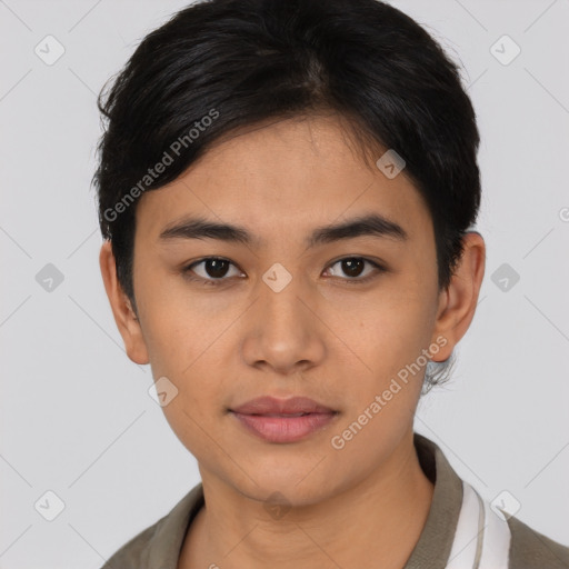Neutral asian young-adult female with short  black hair and brown eyes