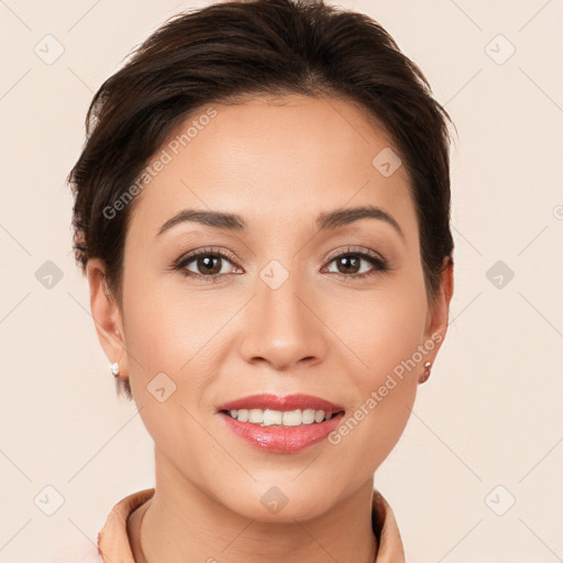 Joyful white young-adult female with medium  brown hair and brown eyes