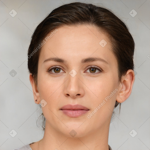 Neutral white young-adult female with medium  brown hair and brown eyes