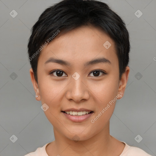 Joyful asian young-adult female with short  brown hair and brown eyes