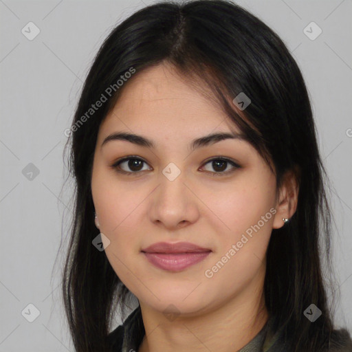 Joyful asian young-adult female with long  brown hair and brown eyes