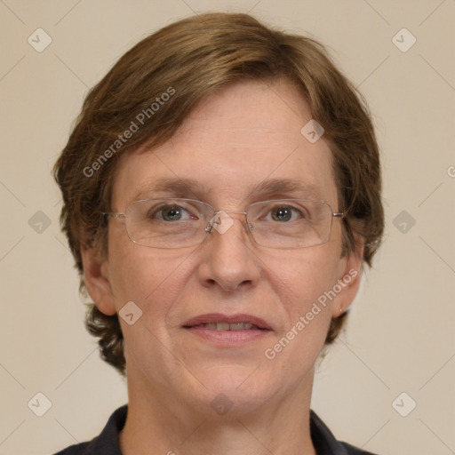 Joyful white adult female with short  brown hair and grey eyes