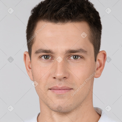 Neutral white young-adult male with short  brown hair and brown eyes