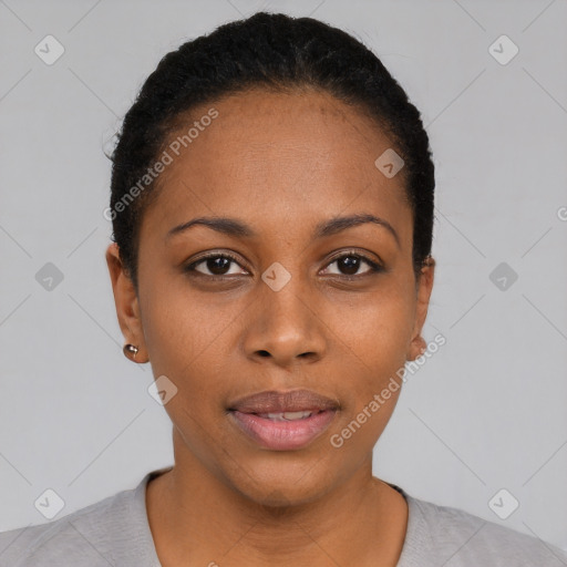 Neutral black young-adult female with short  black hair and brown eyes