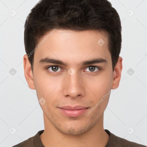 Neutral white young-adult male with short  brown hair and brown eyes