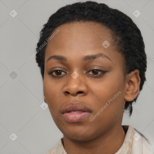 Neutral black young-adult female with short  black hair and brown eyes