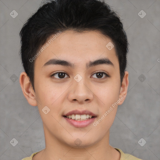 Joyful asian young-adult female with short  brown hair and brown eyes