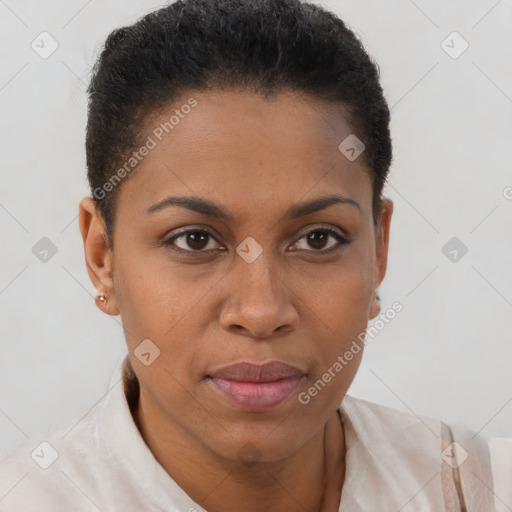 Joyful black young-adult female with short  brown hair and brown eyes