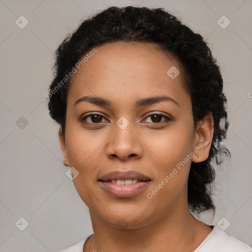 Joyful latino young-adult female with short  black hair and brown eyes