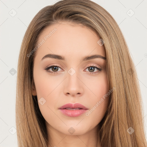 Neutral white young-adult female with long  brown hair and brown eyes