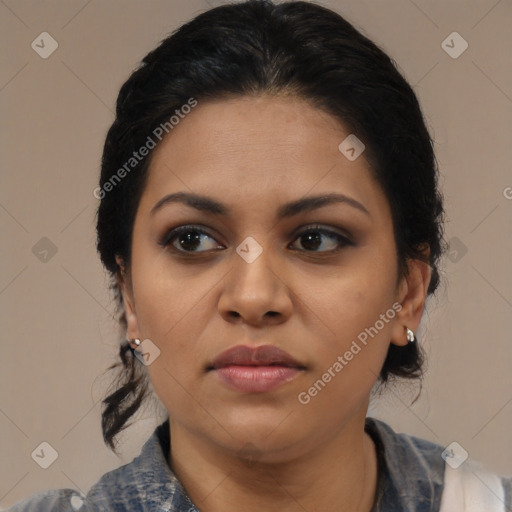 Joyful latino young-adult female with medium  black hair and brown eyes