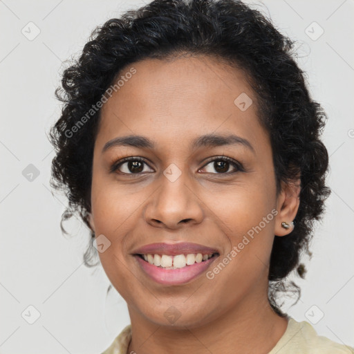 Joyful latino young-adult female with long  brown hair and brown eyes