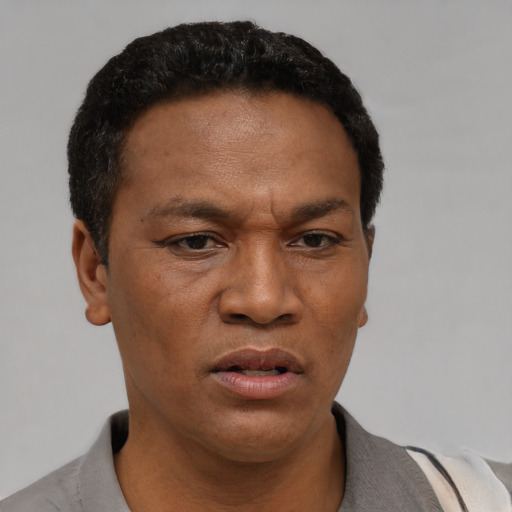 Neutral latino adult male with short  black hair and brown eyes