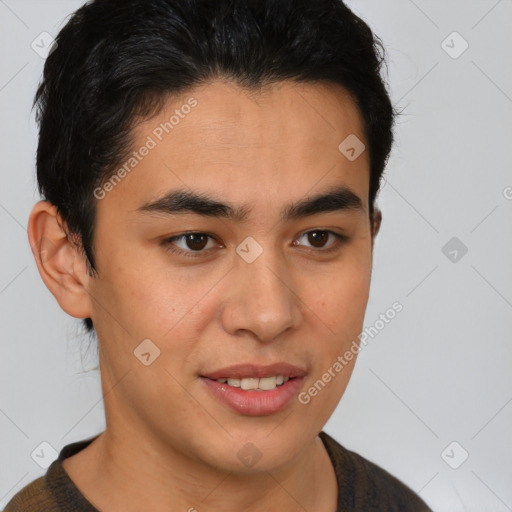 Joyful latino young-adult male with short  brown hair and brown eyes
