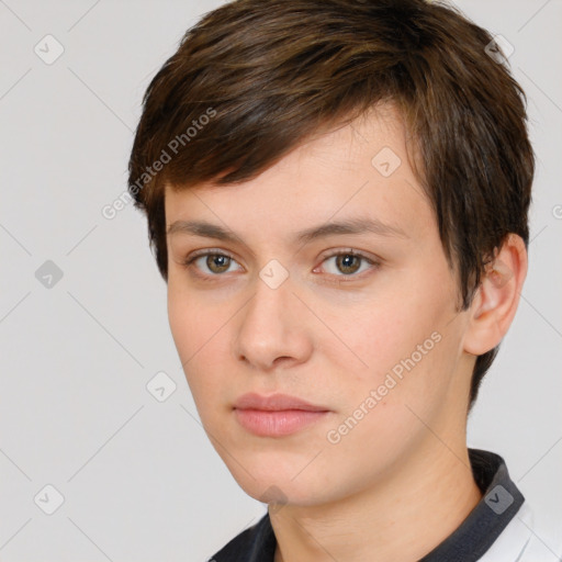 Neutral white young-adult female with short  brown hair and brown eyes