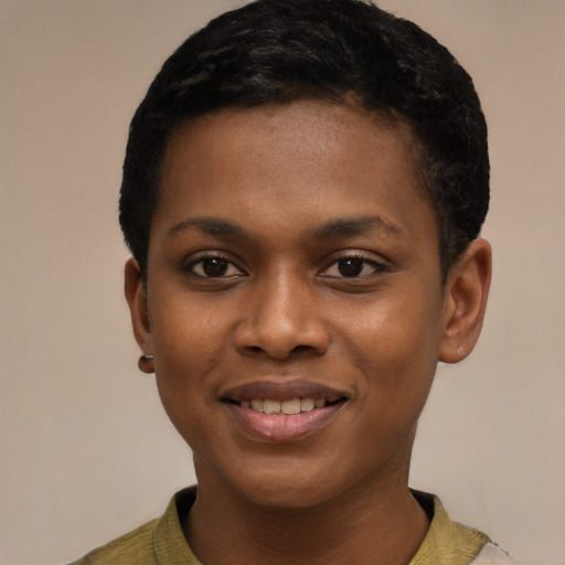 Joyful latino young-adult female with short  black hair and brown eyes