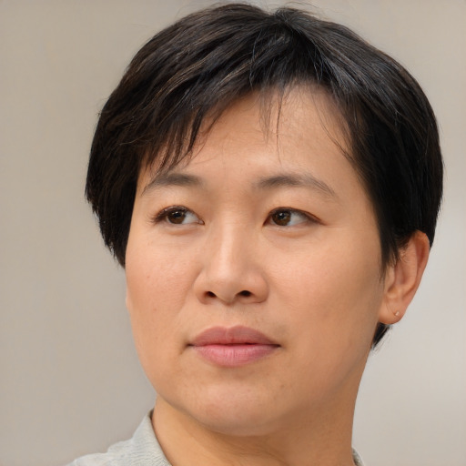 Joyful asian adult female with short  brown hair and brown eyes
