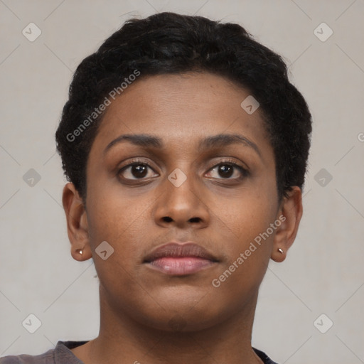 Neutral black young-adult female with short  brown hair and brown eyes