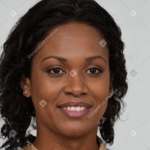 Joyful black young-adult female with medium  brown hair and brown eyes